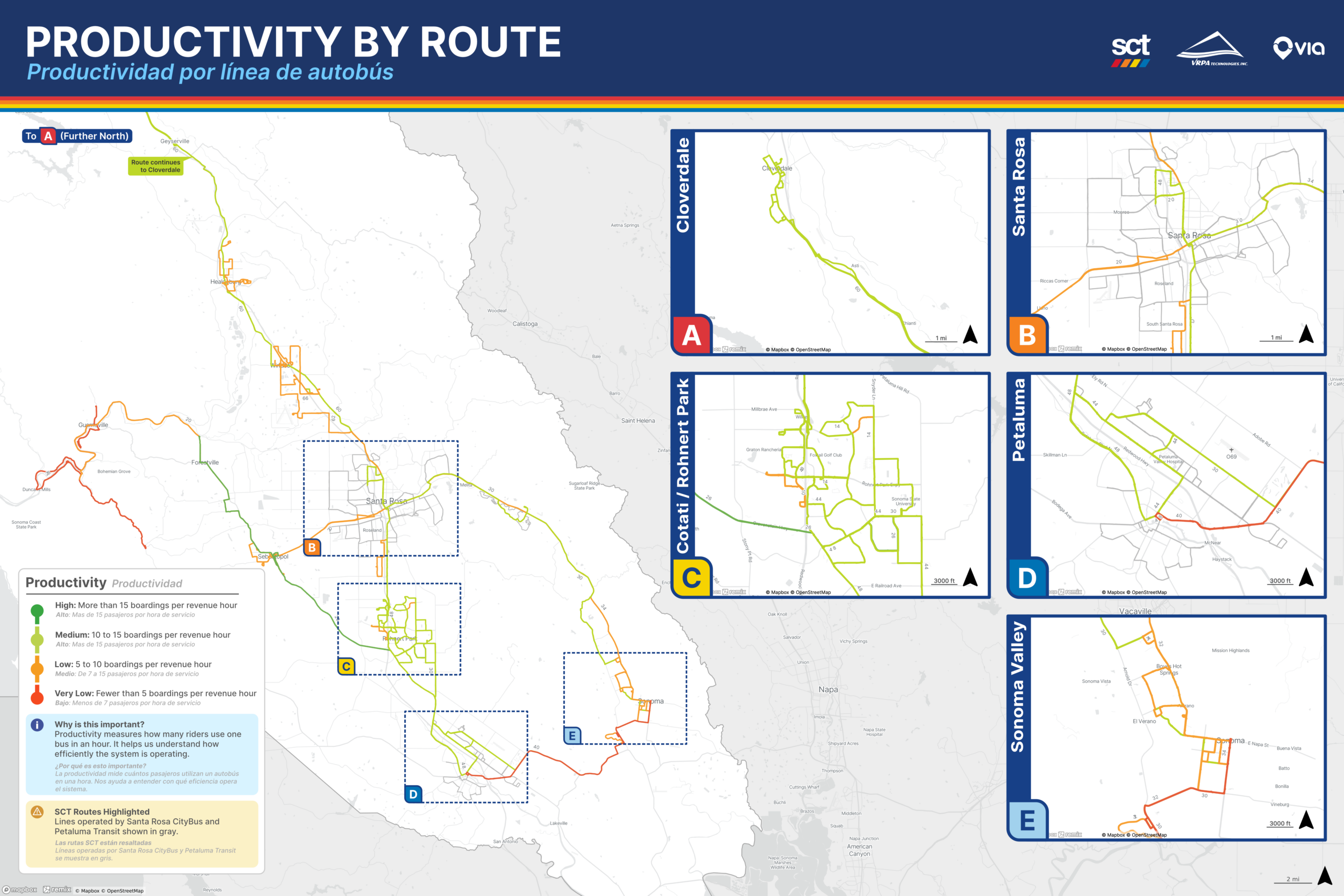 Route productivity map showing riders per service hour by route