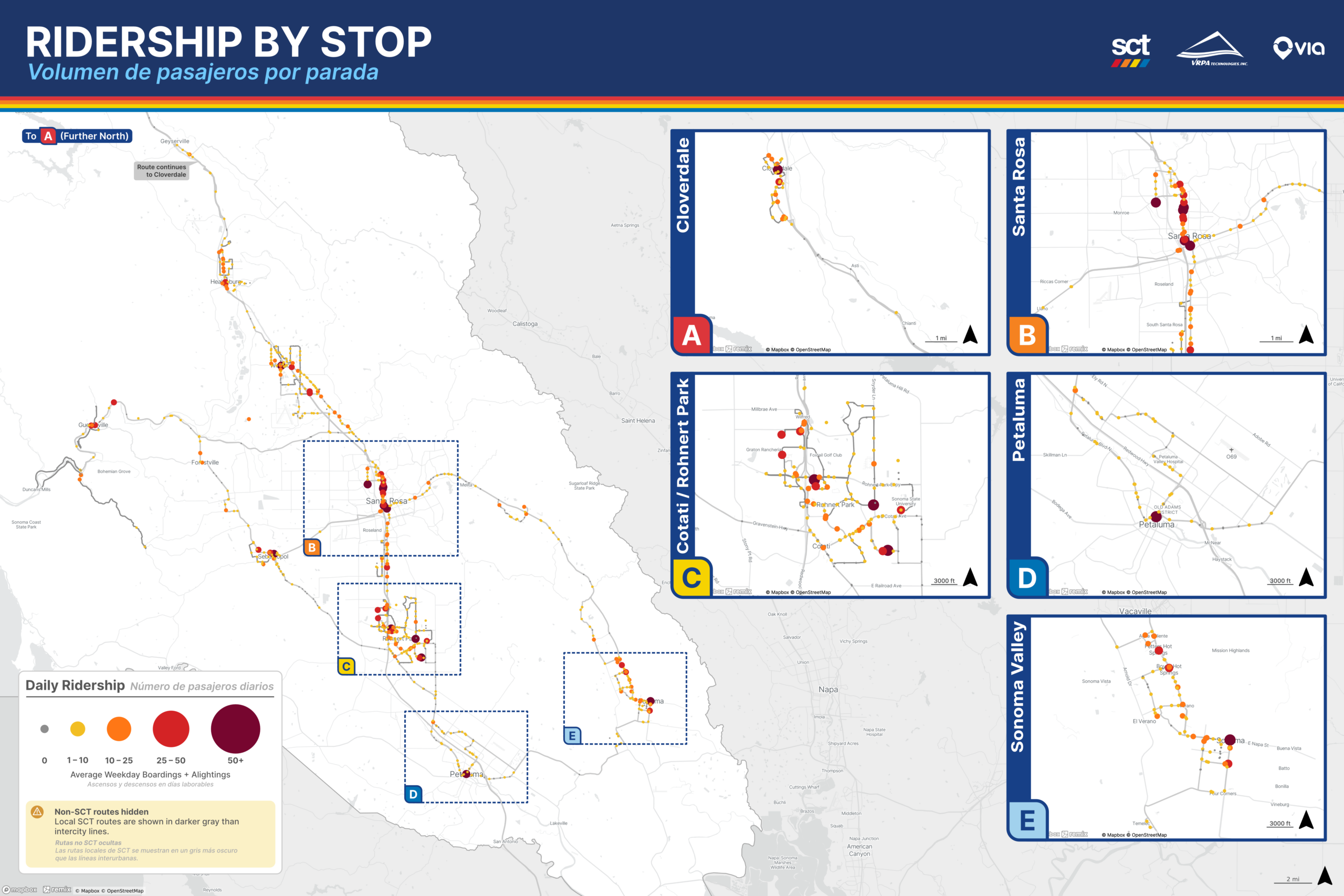 Map of Sonoma County Transit ridership by stop, with larger circles representing higher-ridership stops