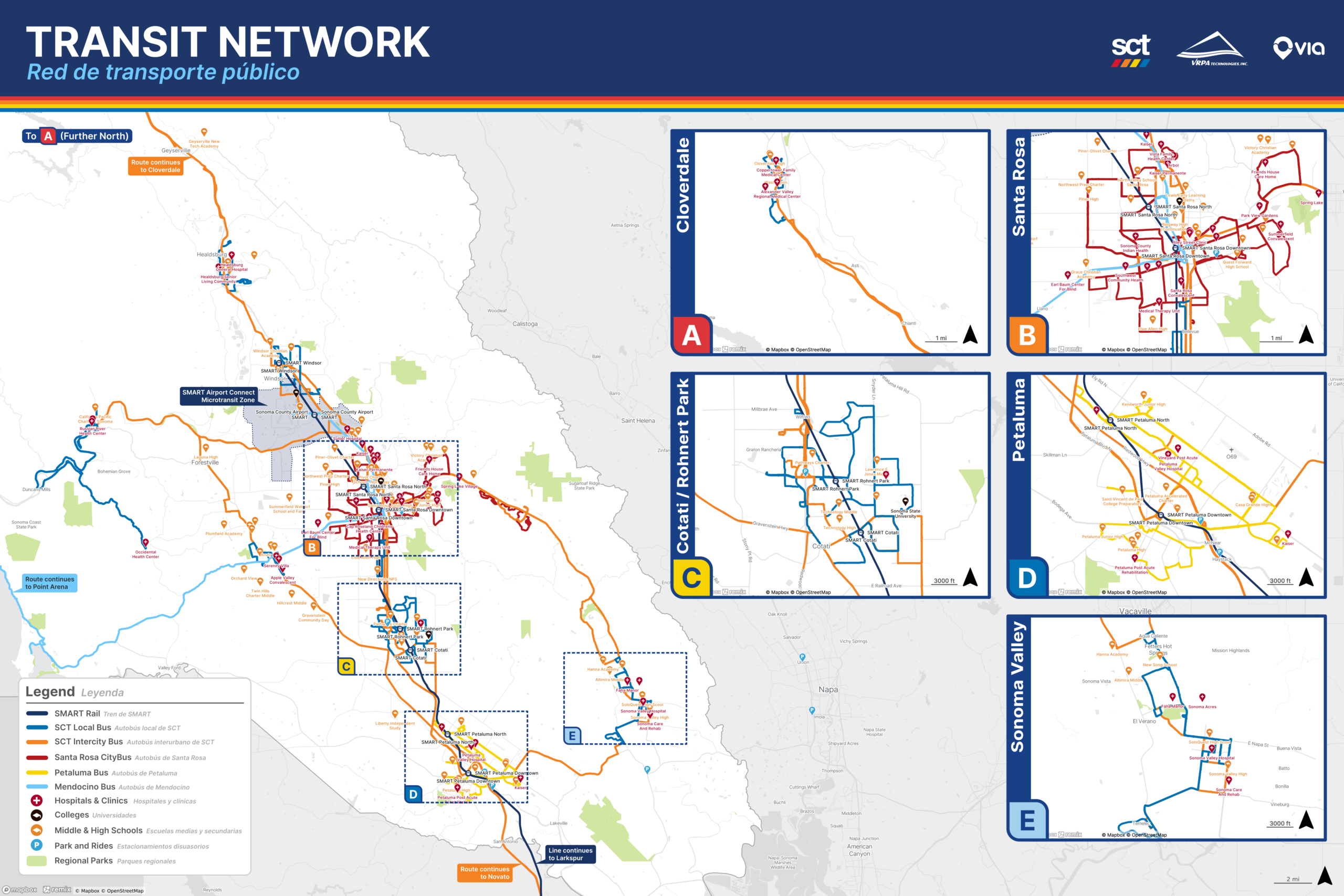 Map of the Sonoma County Transit route network and service areas
